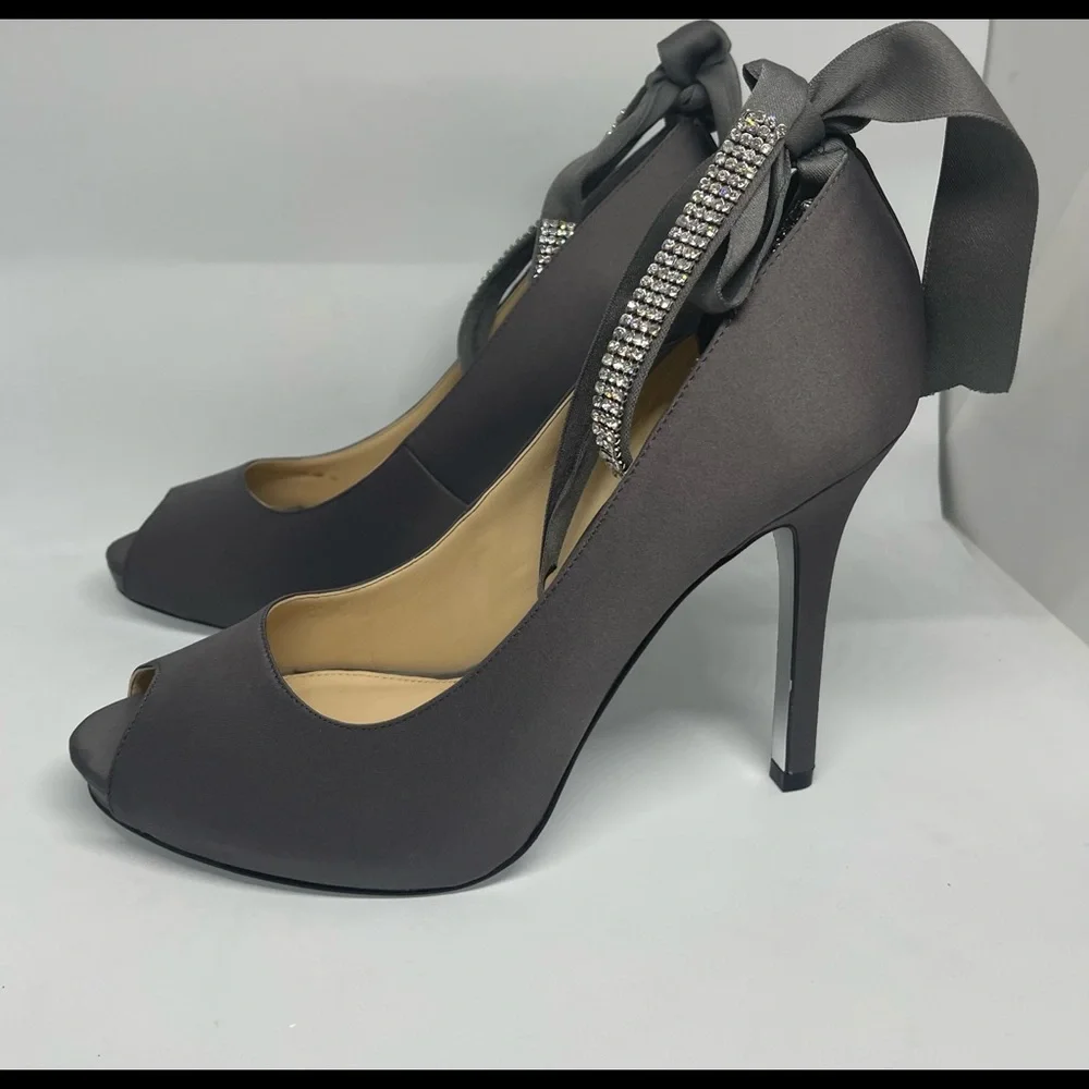 Nina Charcoal Satin Peep-Toe Heels with Rhinestone Ankle Straps and Ribbon Tie